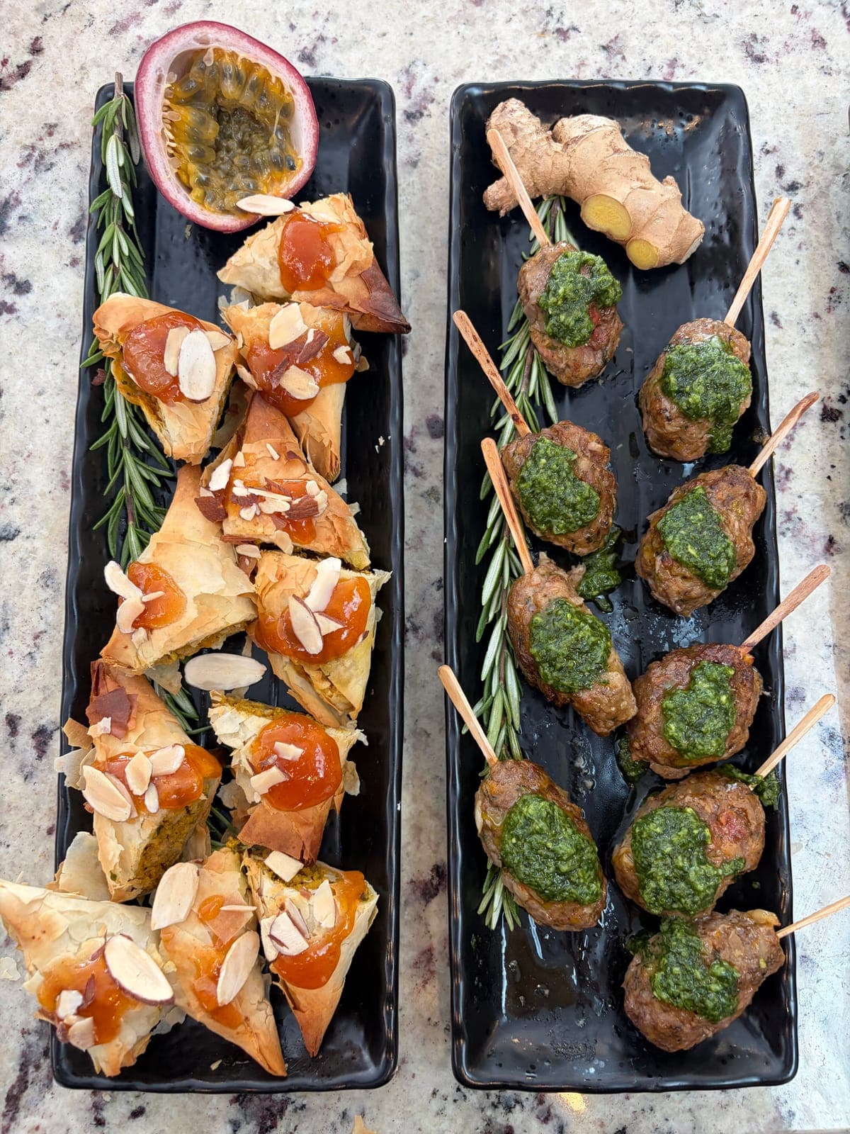 Phyllo triangles with apricot and lamb skewers with chimichurri